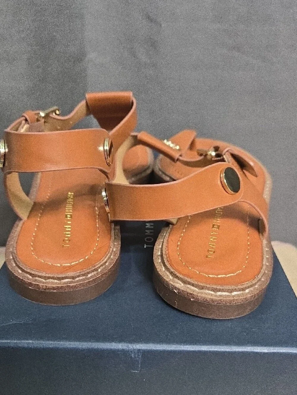 Tommy Hilfiger Cognac Brown Leather T-Strap Sandals with Gold Logo